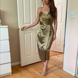 Lulu's Gold Ruched Sheath Midi Dress